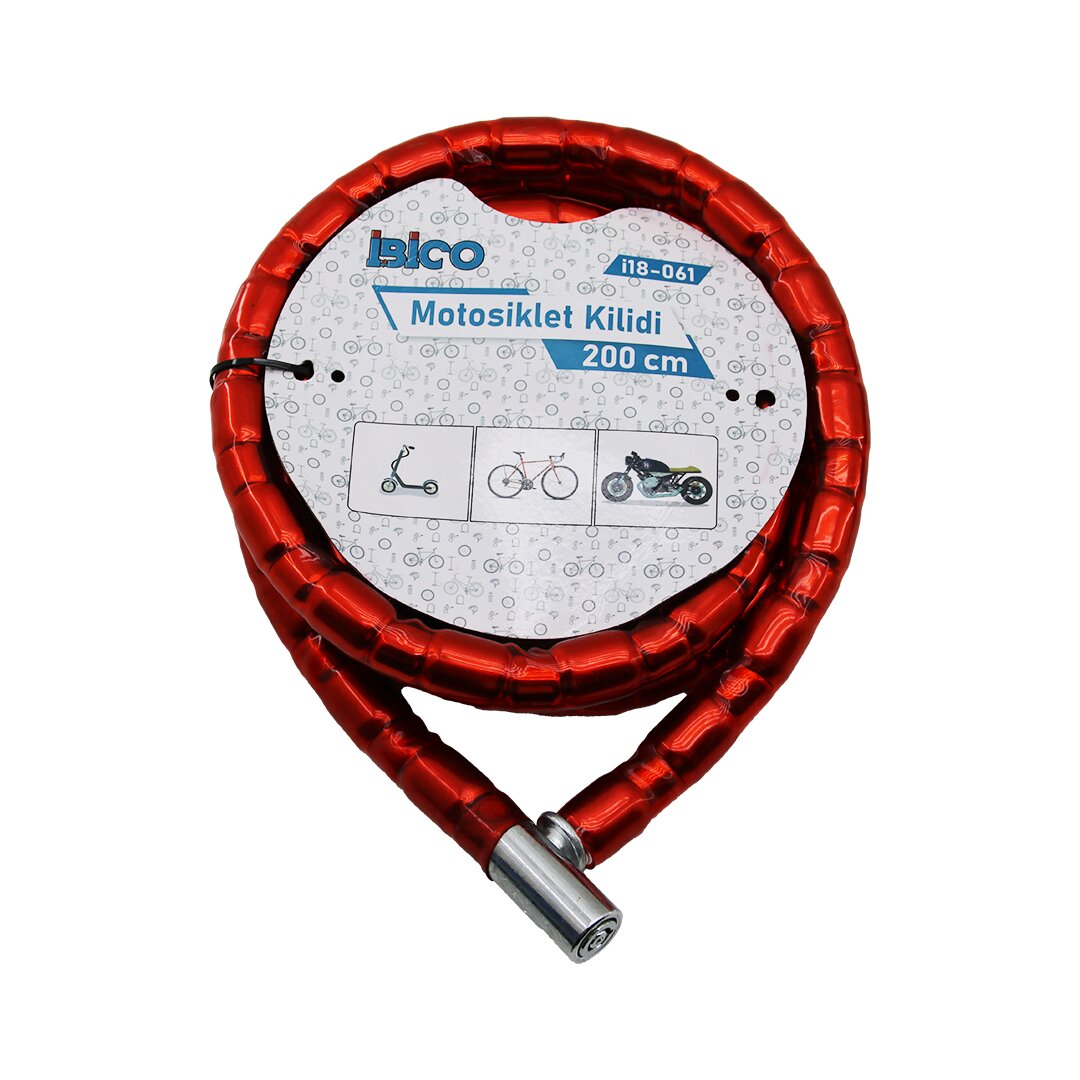 Tüp Anahtarlı Metal Kafa Çelik Motor - Bisiklet Kilit Silindirik Spiral Kilit Kırmızı KILIF22MM X 200CM