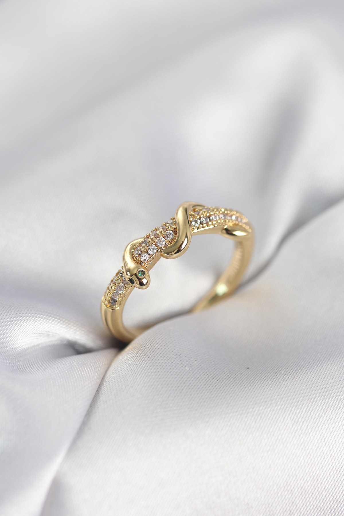 Gold Renk Zirkon Taşlı Sarmal Yılan Model Kadın Yüzük