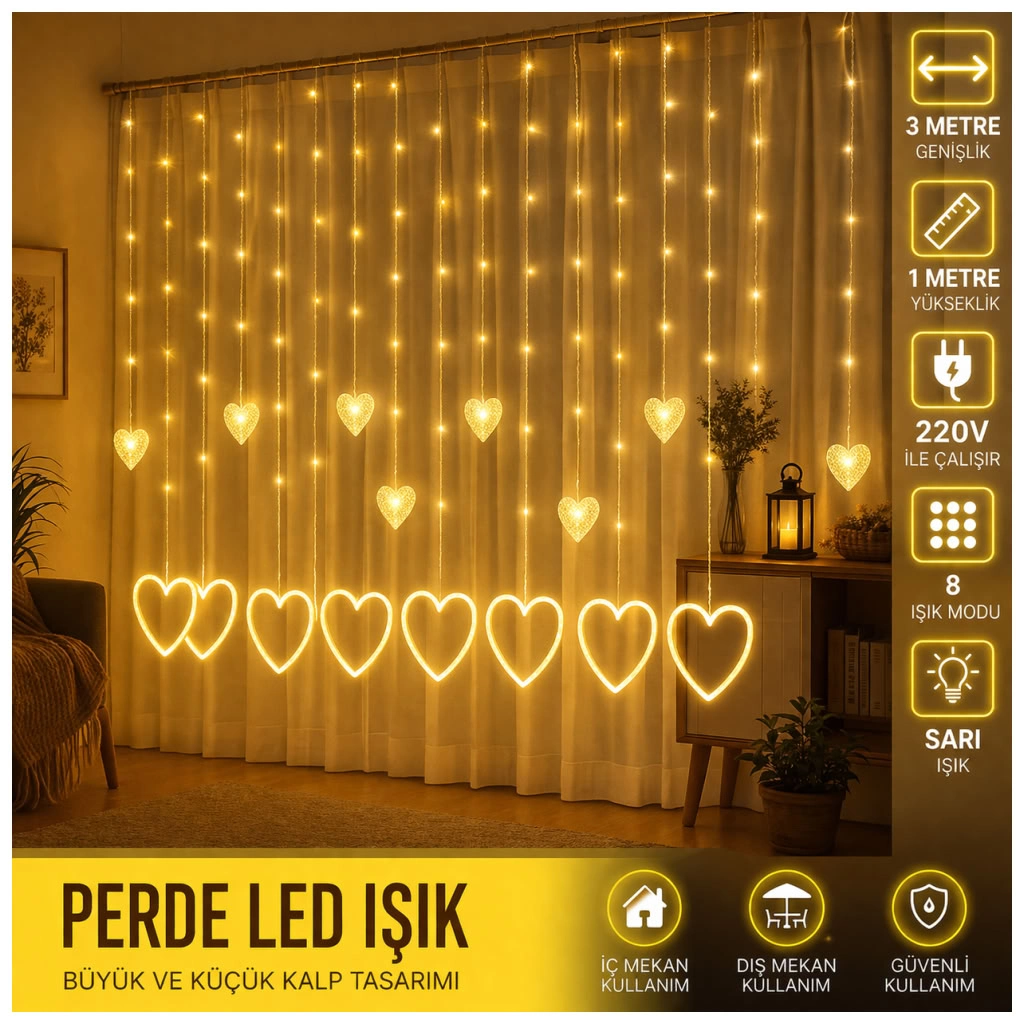 Dekoratif Kalp Perde LED Işık 3 Metre 8 Modlu Sarı