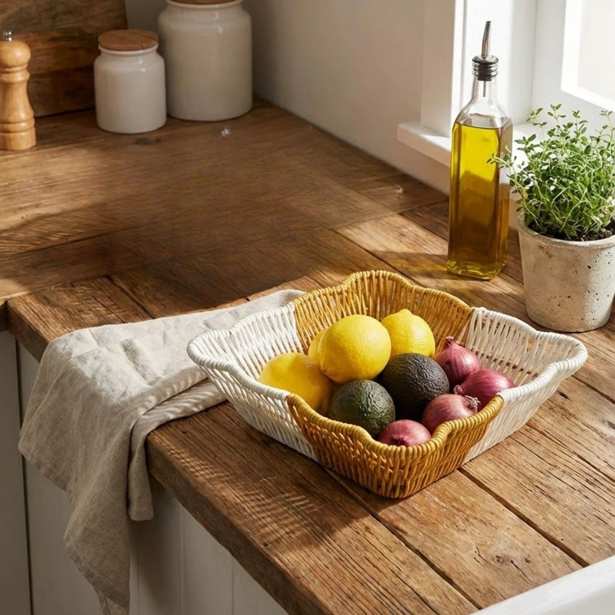 Çift Renkli Kare Dalgalı Plastik Rattan Sepet - 1 Adet Mutfak ve Banyo Düzenleyici