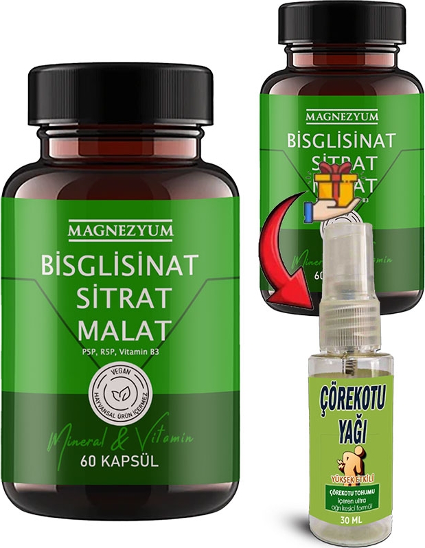 Magnezyum 2 Kutu Bisglisinat Magnezyum Sitrat Magnezyum Malat & Vitamin B2 B3 B6 ve Mineral Kapsülleri 60LI 2 Adet + Çörek Otu Masaj Yağı 30 ml
