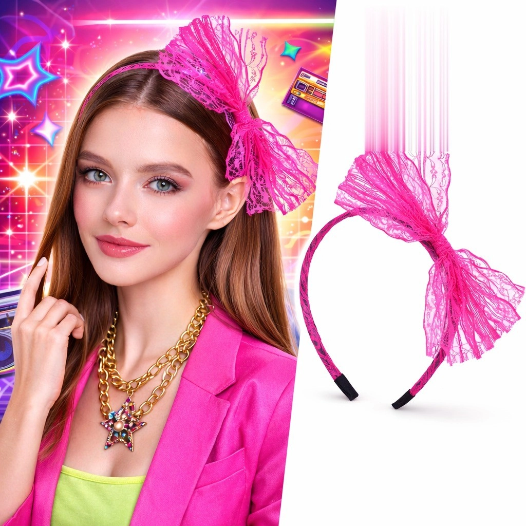 Retro Dantel Taç Büyük Fiyonklu Neon Pembe 80'ler 90'lar