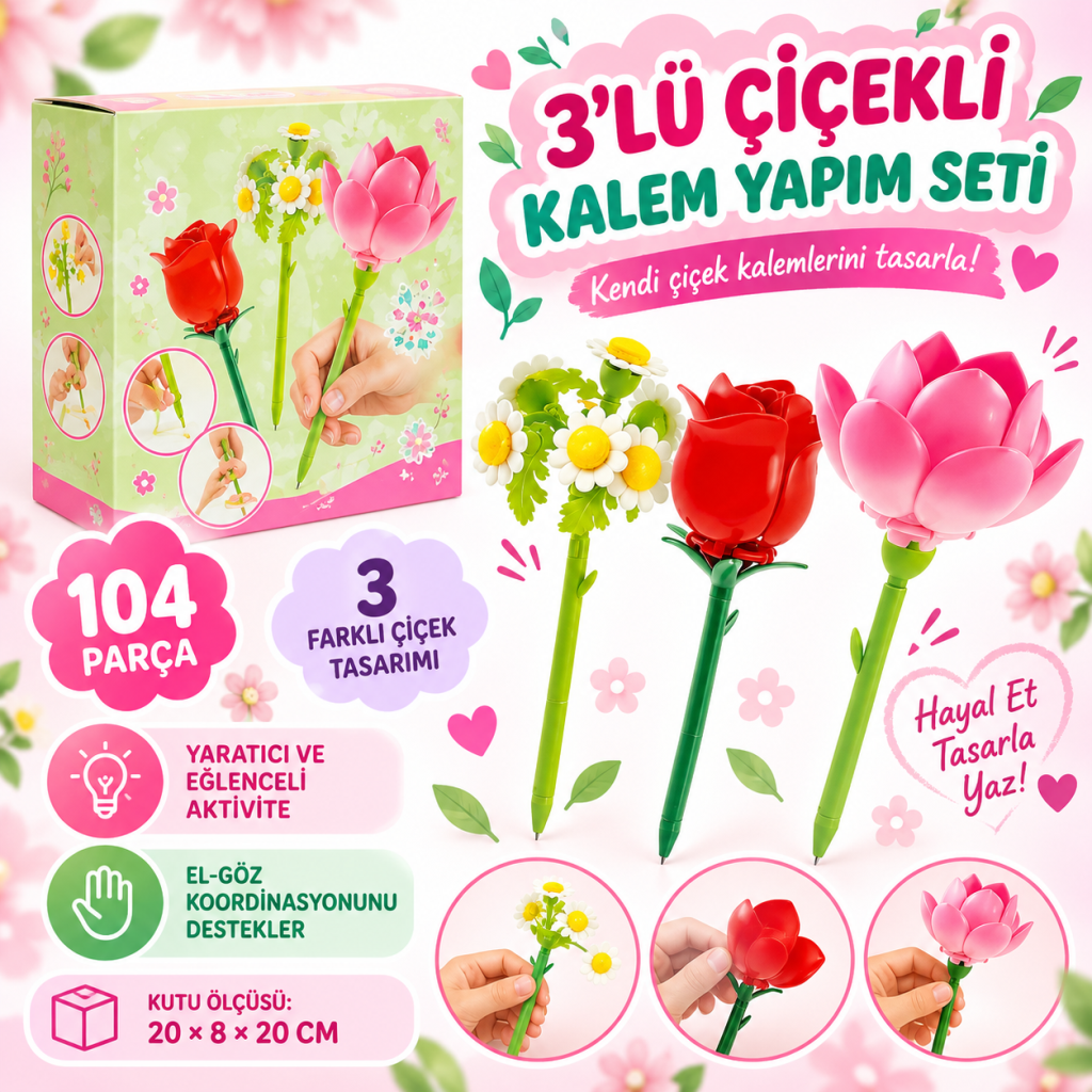 3’lü Çiçekli Kalem Yapım Seti 104 Parça
