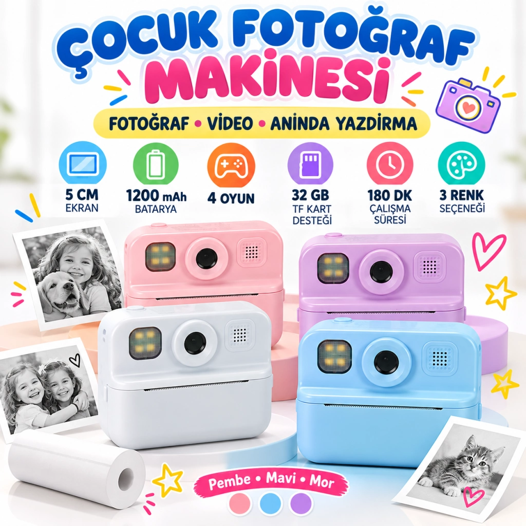 Eğlenceli Baskılı Çocuk Fotoğraf Makinesi 1200mAh 4.4W