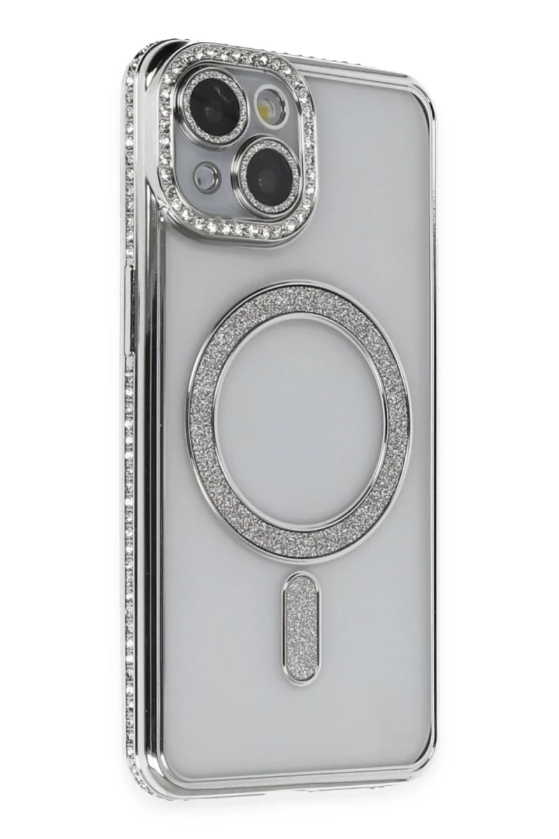 Apple iPhone 13 Uyumlu Kılıf Joke Simli Magneticsafe Kılıf - Gümüş