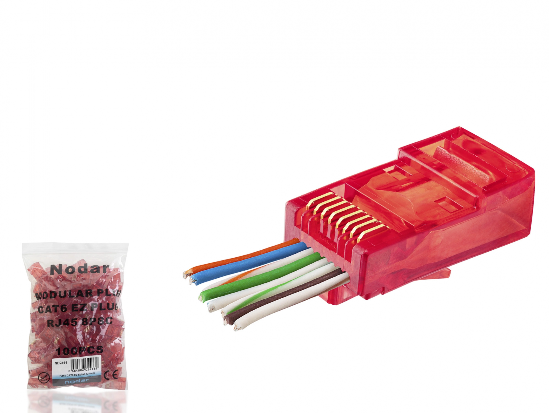 Ekonomik Kırmızı RJ45 Konnektör Seti 100 Adet Cat6