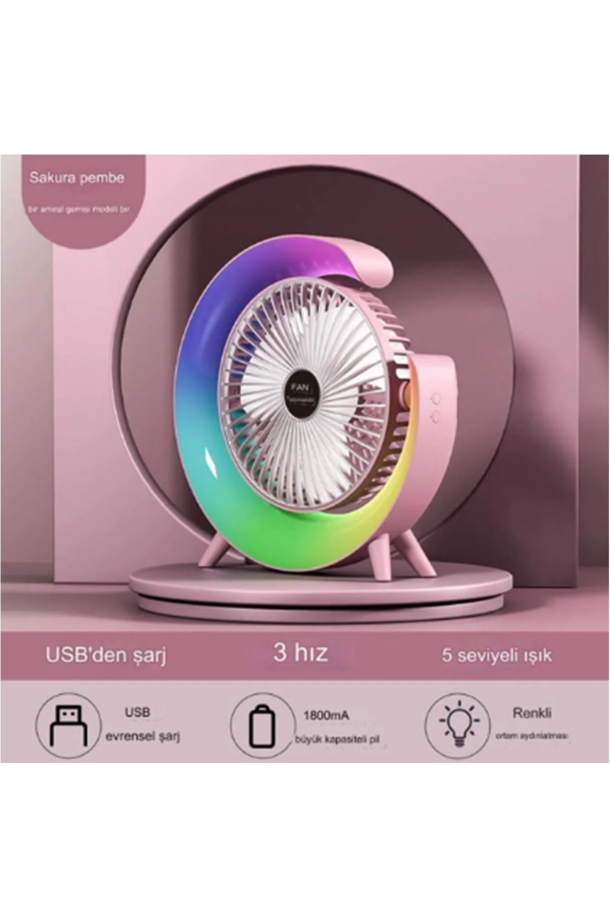 Masaüstü Vantilatör Usb Şarjlı Rgb Led Işıklı 3 Kademeli 180° Ayarlanabilir Soğutucu Fan Pembe