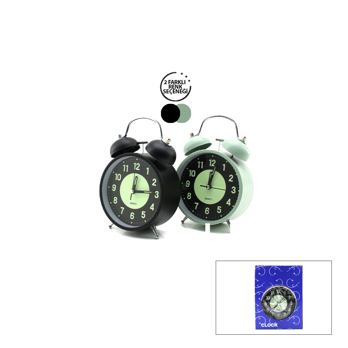 Alarm Clock NO-847 Yuvarlak Masa Çalar Saat Metal Kasa Renkli Pilli - Işıklı - Fosforlu Çap: 11CM BGC-37 Herhangi Bir Renk Gönderilir