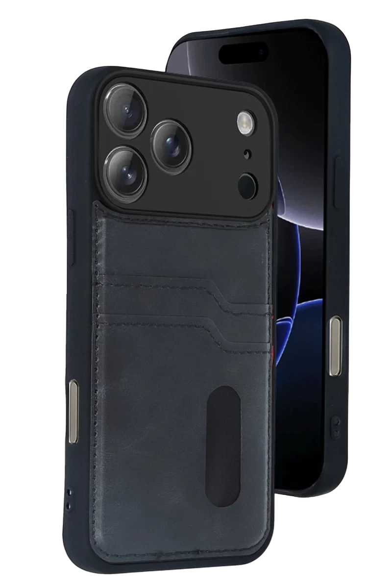 Apple iPhone 17 Pro Uyumlu Sara Kartvizitli Deri Kılıf - Siyah