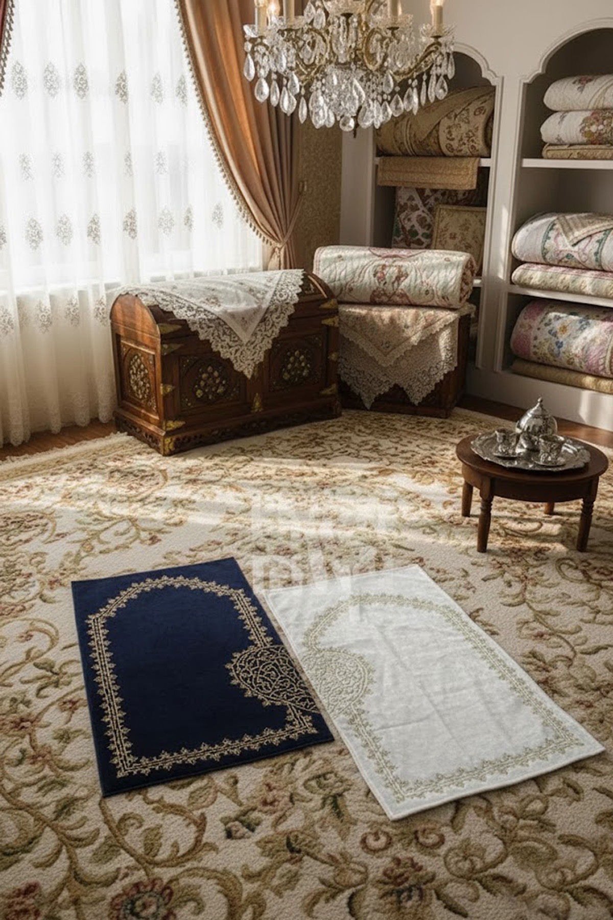 Lacivert Kalpli Eşli Çift / Gelin Damat Bohçası Çeyizlik Seccade Eko 2li Lacivert