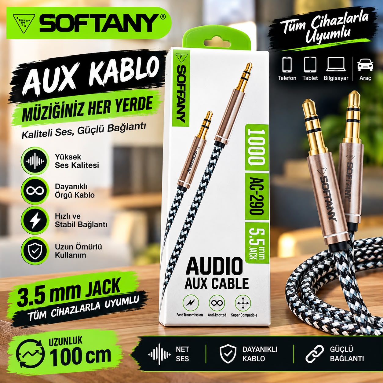 Softany AC-290 Hasır Örgü 3.5 mm AUX Kablosu (1 Metre)