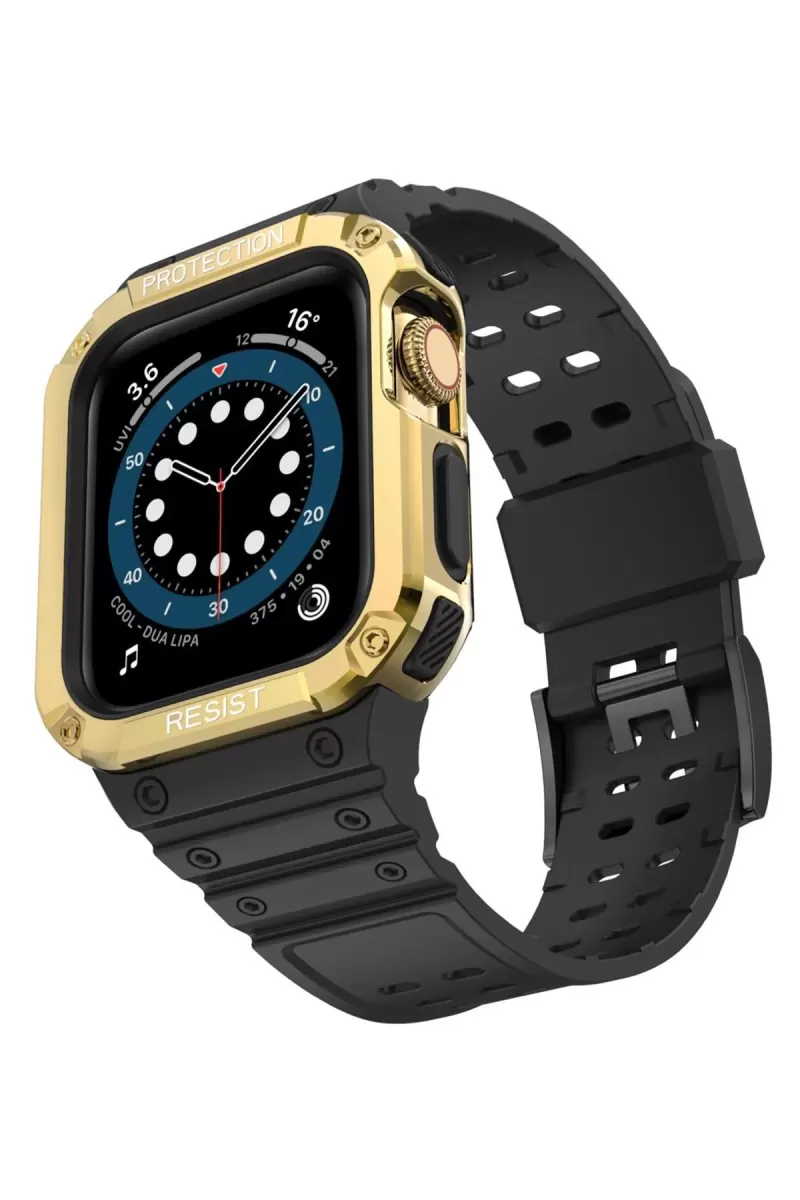 Apple Watch 42mm Uyumlu KR401 Silikon Kordon - Siyah-Gold
