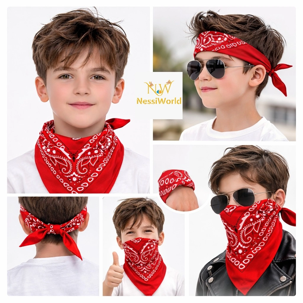 Kovboy Desenli Kırmızı Fular Çocuklar için Boyun Bandanası