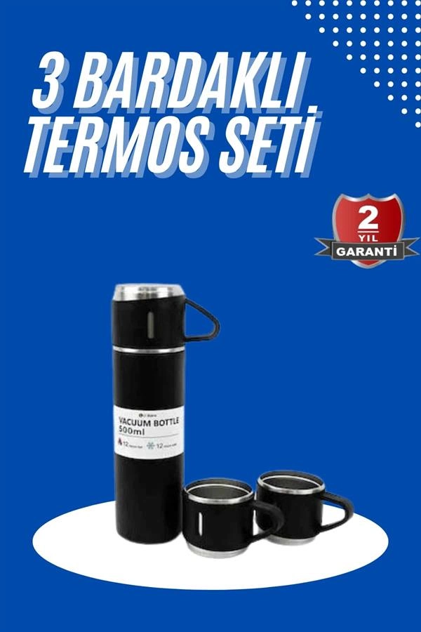 Siyah Paslanmaz Çelik Termos Seti 3'lü 500 ml Seyahat Kullanımı