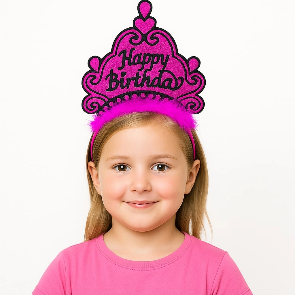 Etkileyici Fuşya Happy Birthday Prenses Tacı – Doğum Günü Aksesuarı