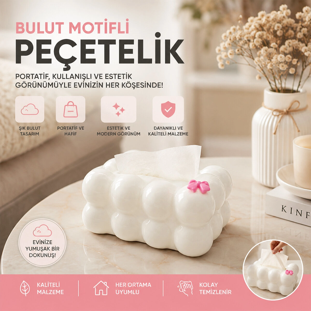 Dekoratif Bulut Peçetelik 19x12.5x8.5cm Beyaz Masaüstü