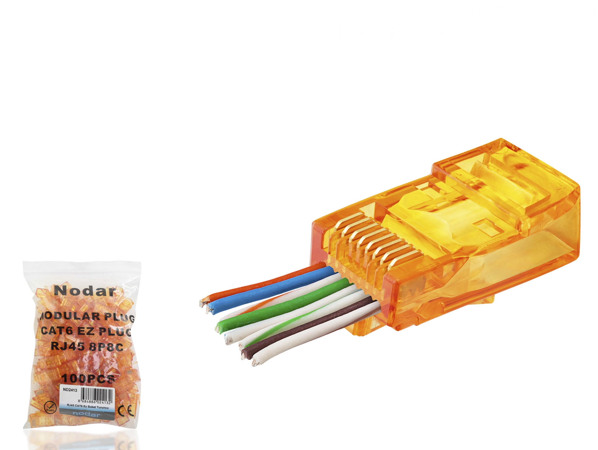 Ekonomik Cat6 RJ45 Konnektör Seti 100 Adet Turuncu
