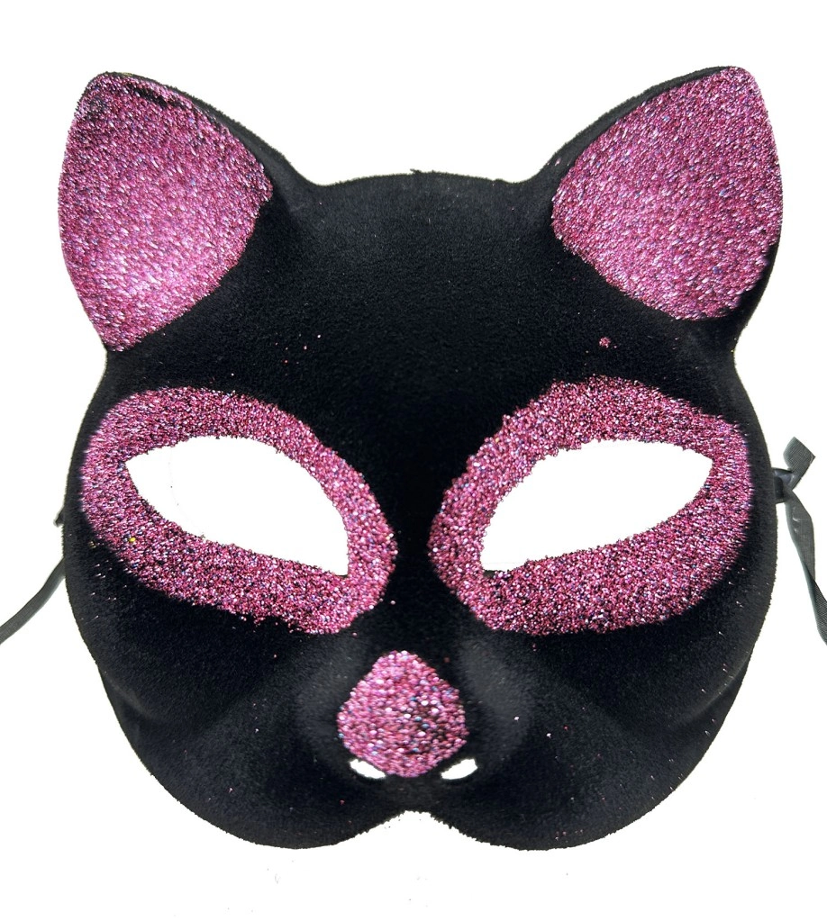 Pembe Simli Süet Kedi Maskesi 18x14 cm Siyah Renk