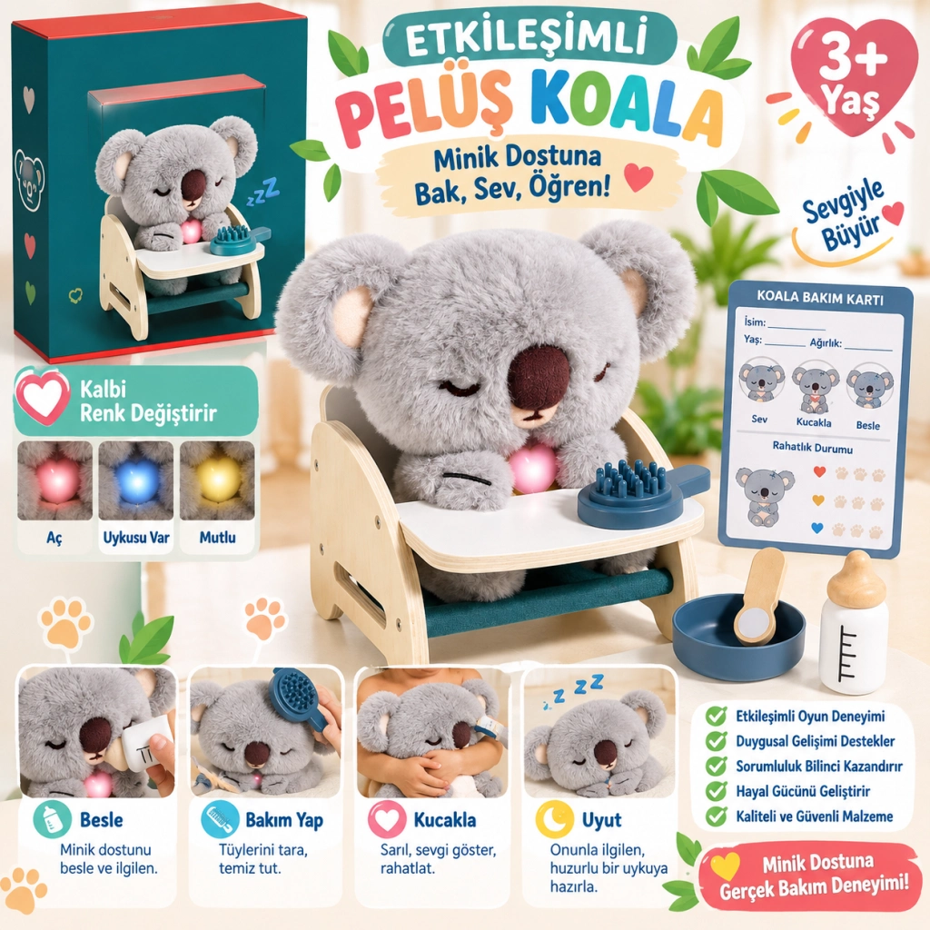 Peluş Koala 30 cm Çocuklar İçin Eğlenceli Oyun Arkadaşı (Etkileşimli Model)