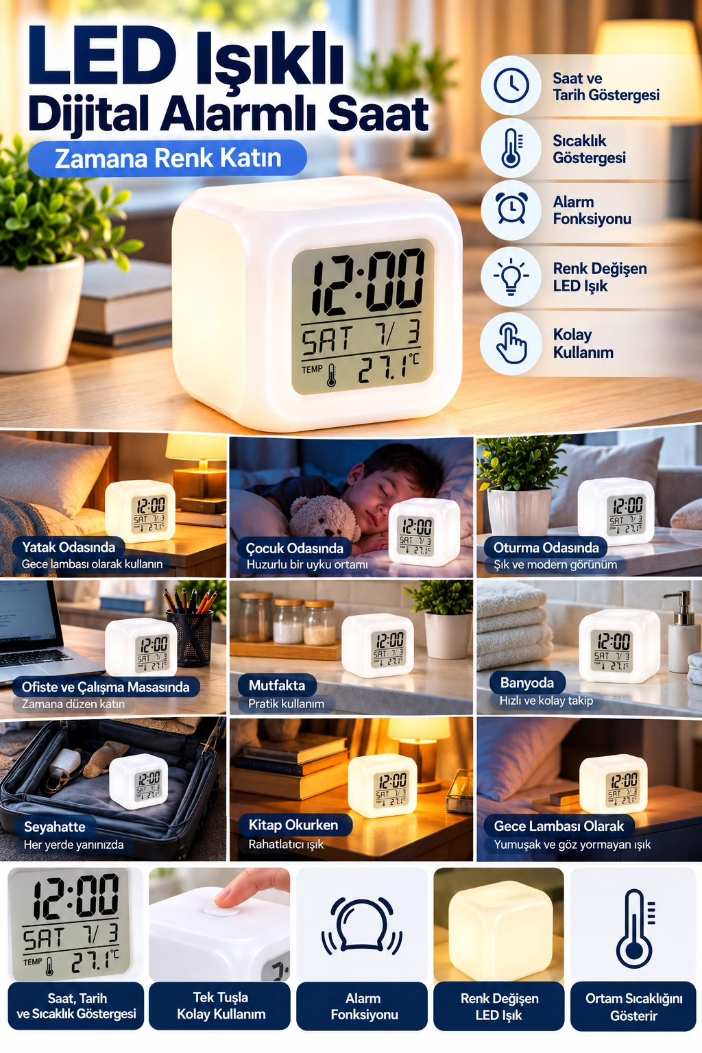 Dekoratif Küp Saat ile LED ve Alarm Fonksiyonu