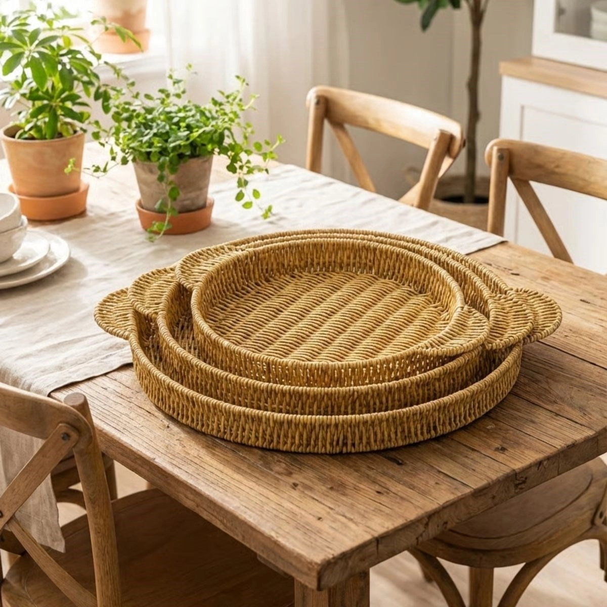 Şık Yuvarlak Rattan Tepsi Seti 3'lü İç İçe Geçebilir