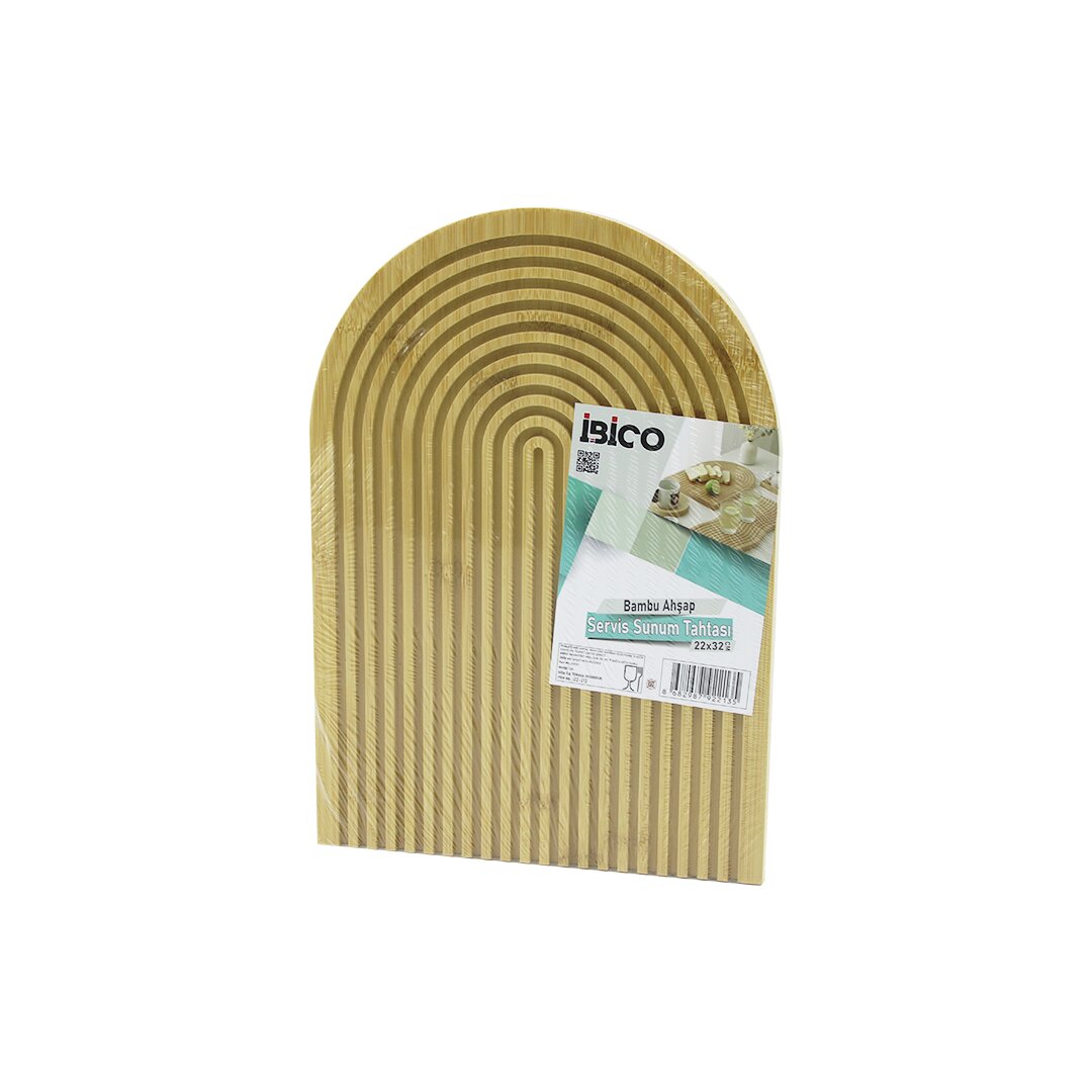 Yarım Daire Çift Taraflı=düz - Kanallı Ahşap Bambu Sunum Tepsi 22X32CM