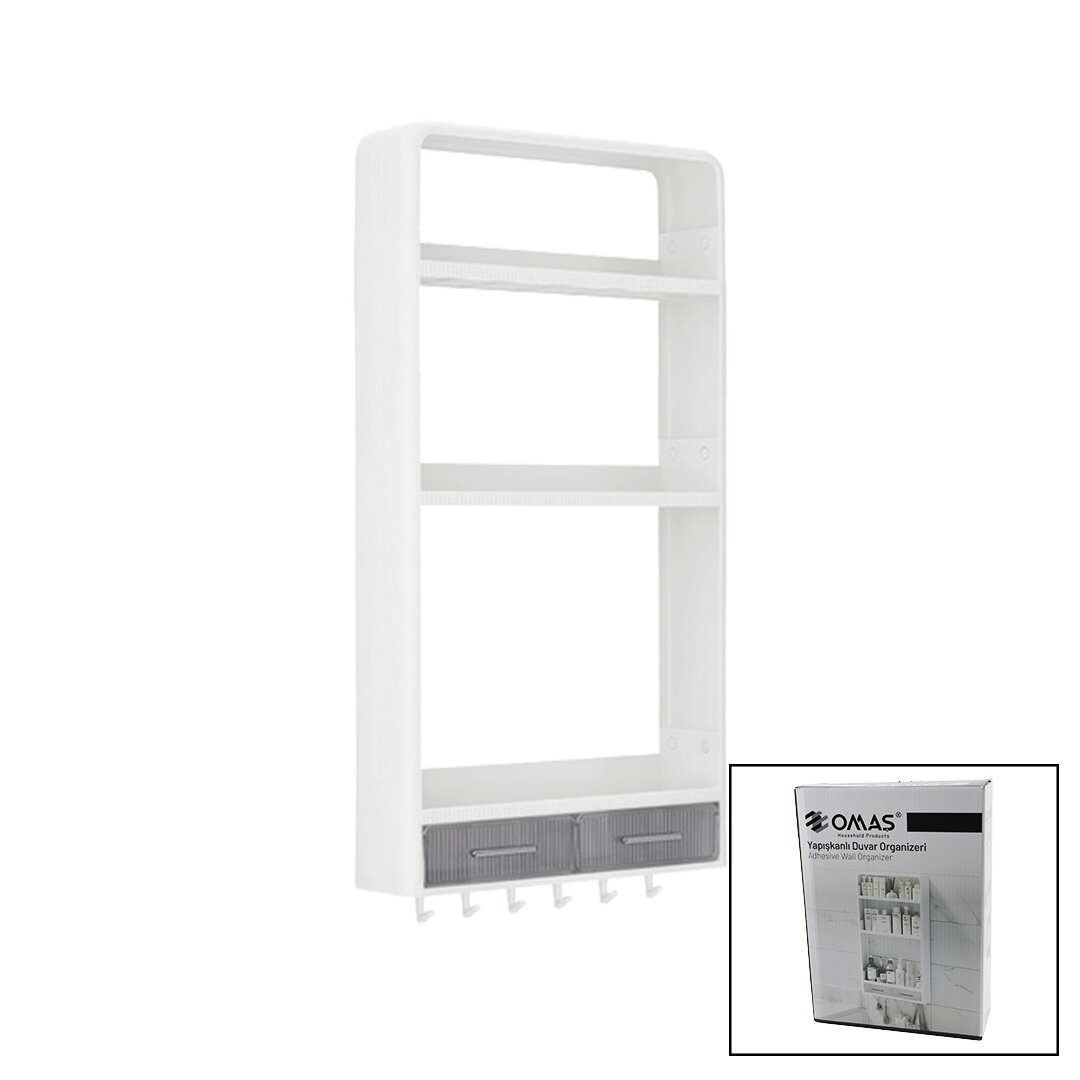 Beyaz Yapışkanlı Duvar Organizeri Plastik 3 RAF=14CM-19CM-30CM - 2 ÇEKMECE=40CM - 6 Askı 19 Parça