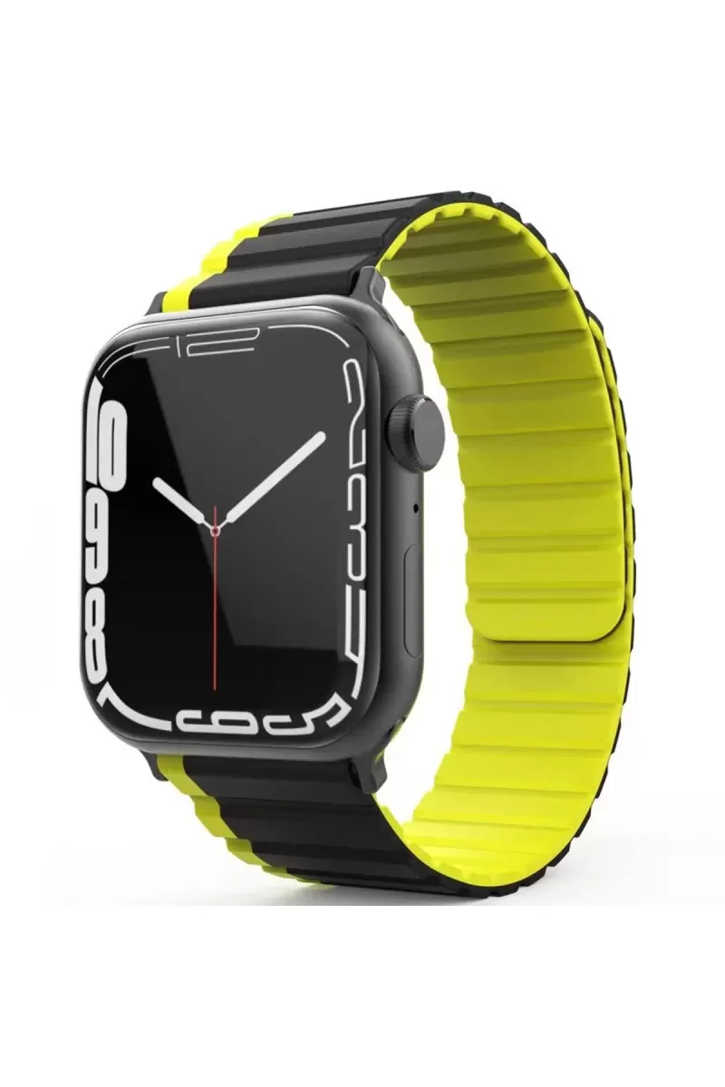 Movenchy Apple Watch 42mm Uyumlu MO-WB1 Çift Renk Mıknatıslı Silikon Kordon - Siyah-Sarı