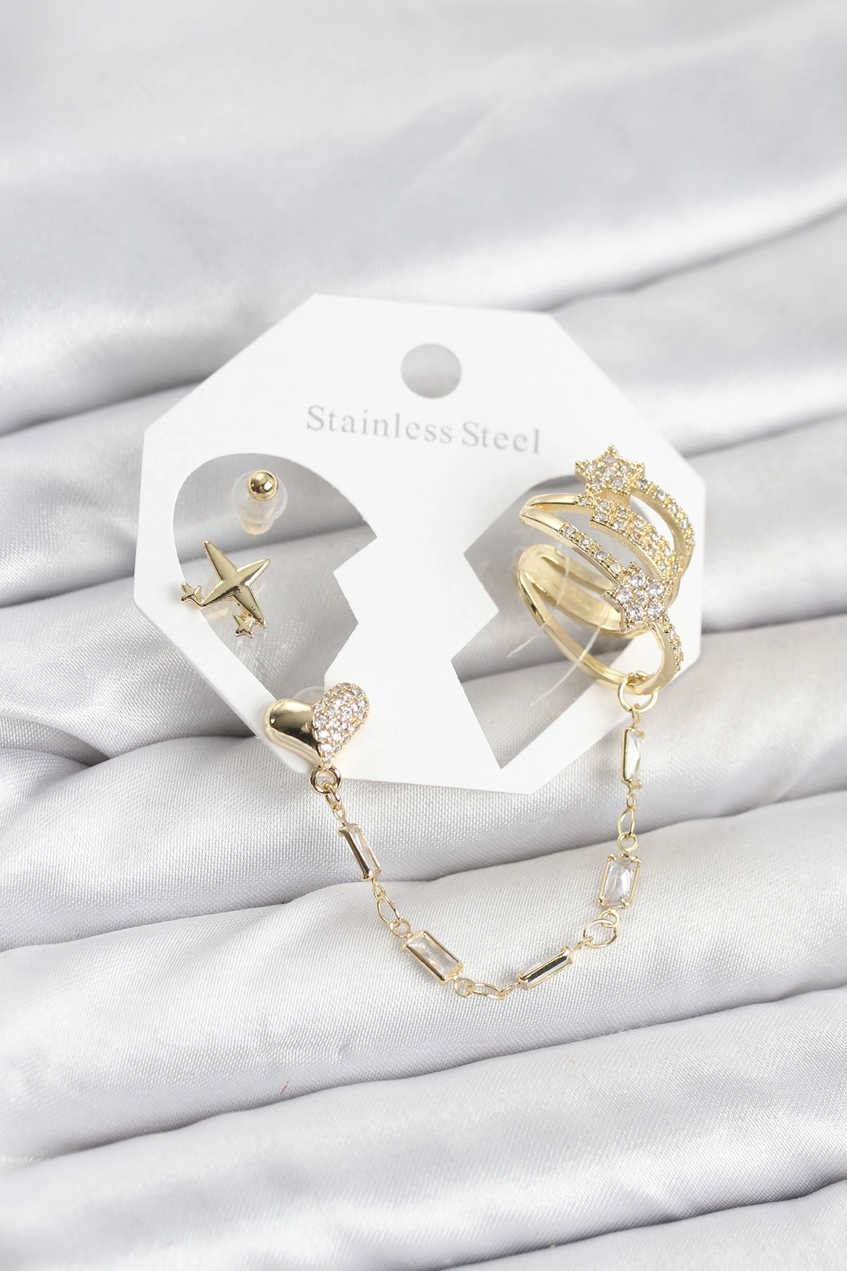 Zarif Gold Renk Zincirli Kalp Yıldız Ear Cuff Küpe Seti
