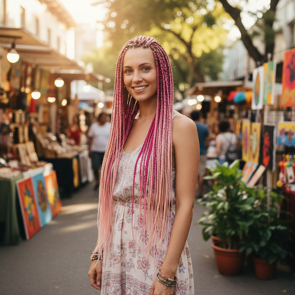 Afrika Örgüsü Ve Rasta İçin Sentetik Ombreli Saç - Açık Pembe / Koyu Pembe / Turuncu