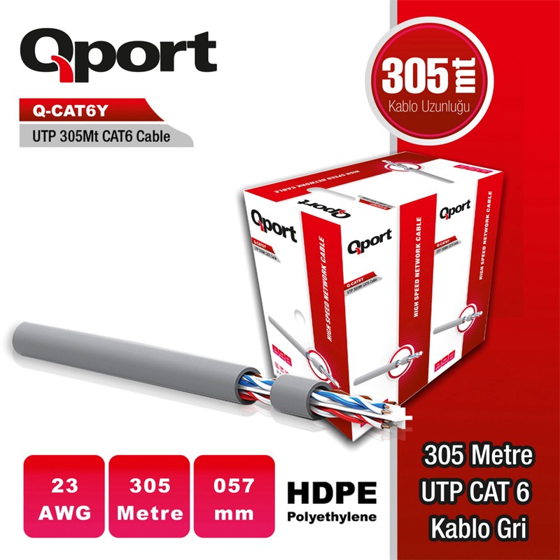 Q-CAT6Y 305M UTP 0,57MM CAT6 23 AWG GRI KABLO