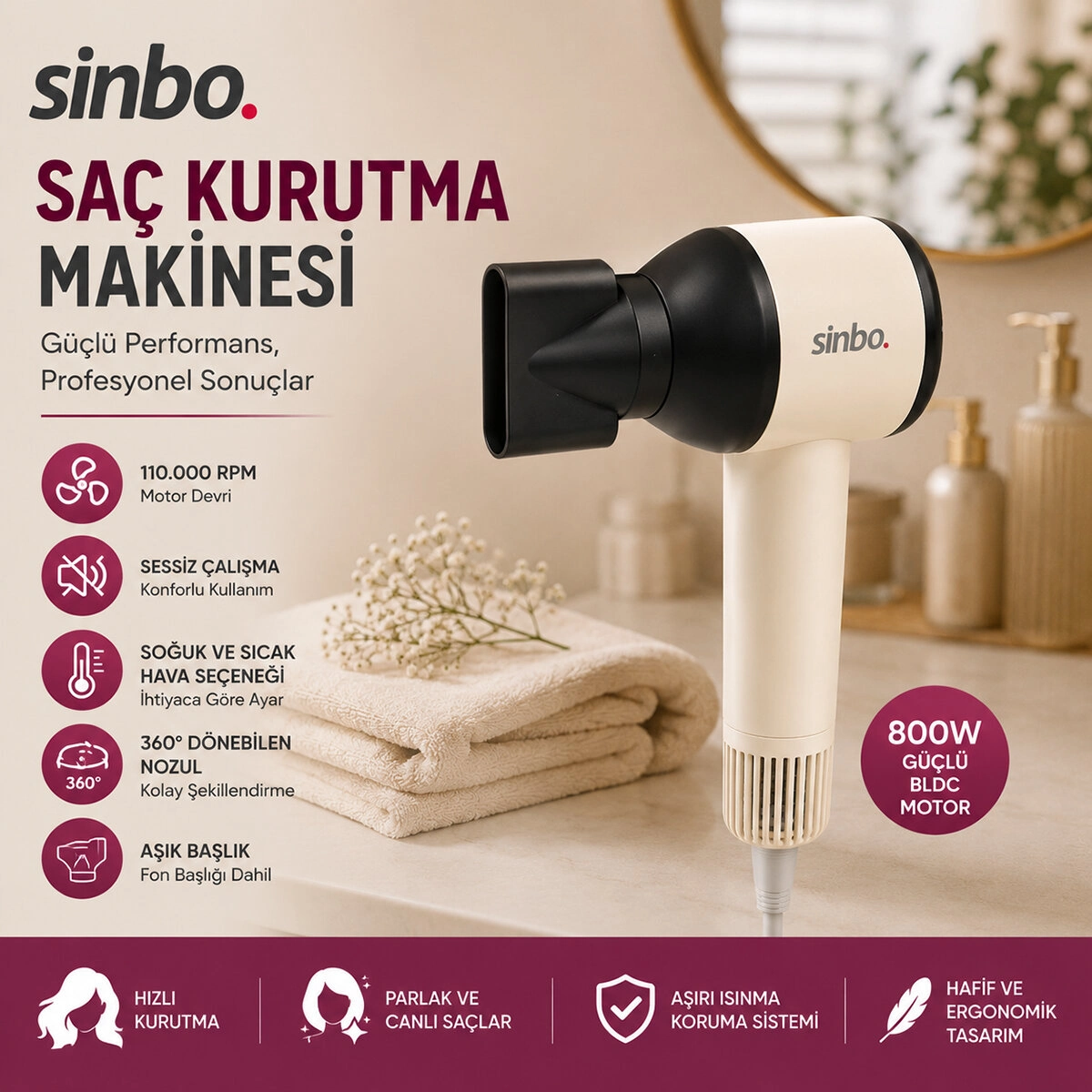 Şık Pembe Saç Kurutma Makinesi 110.000 RPM 3 Hızlı