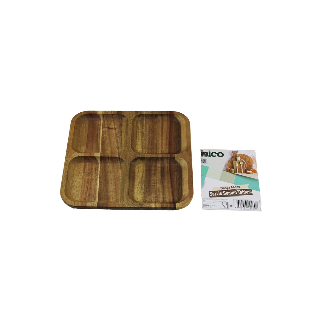 Akasya Kare 4 Bölmeli Ahşap Servis Sunum Tepsi - Tahtası 20 X 1.4CM