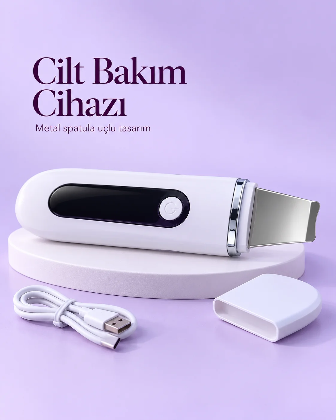 USB Şarjlı Metal Spatula Uçlu Beyaz Yüz ve Cilt Bakım Cihazı