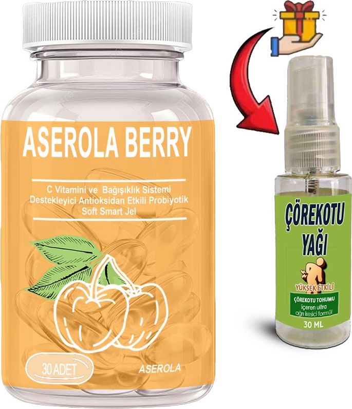 Aserola Berry 1 Kutu Aserola Ekstratlı C Vitaminli Antioksidanlı Probiyotik 30LU Soft Jel Kapsüller + Çörek Otu Masaj Yağı 30 ml