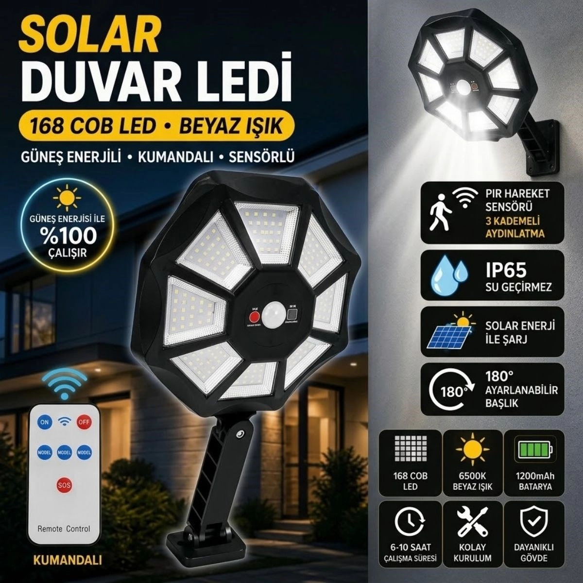 Hareket Sensörlü Kablosuz Dış Mekân Lambası 3 Modlu