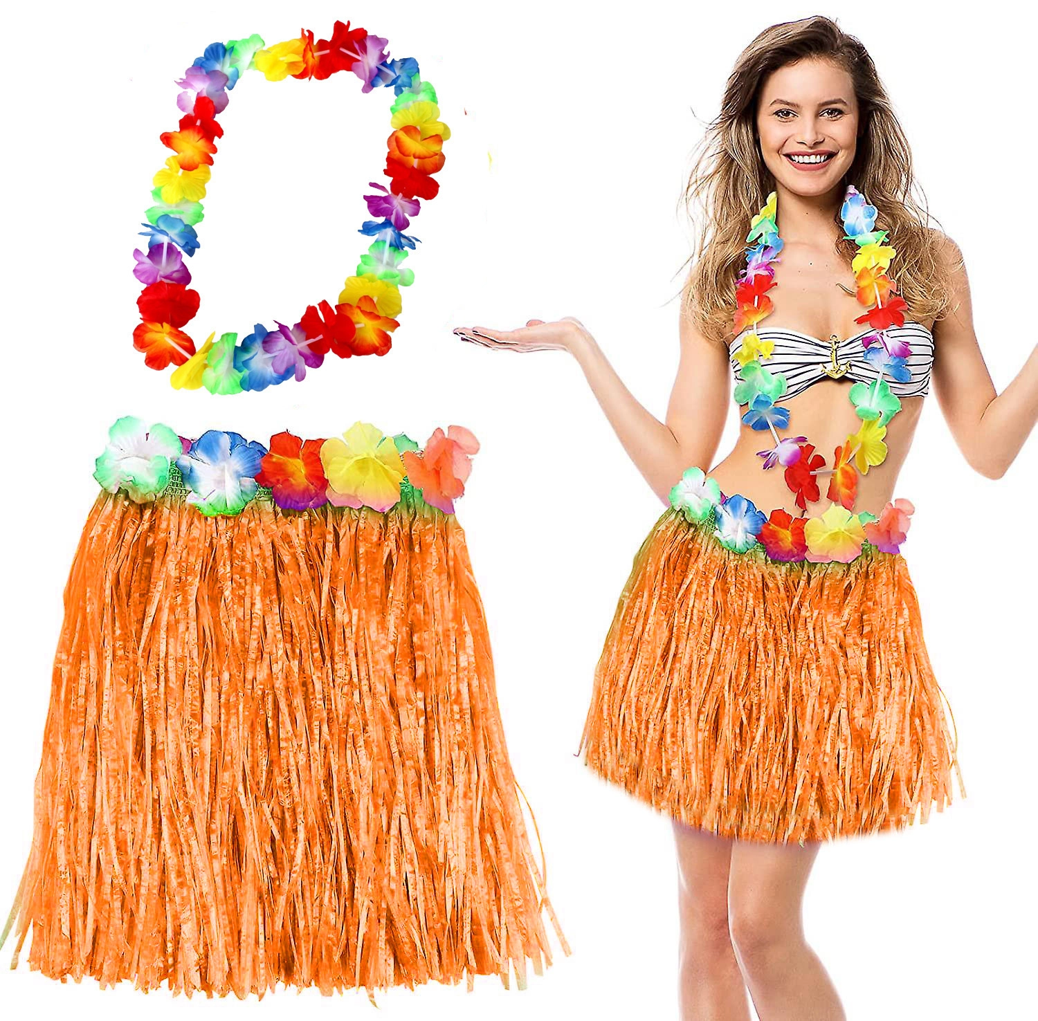 Turuncu Hawaii Kolye ve 40 cm Püsküllü Etek Seti