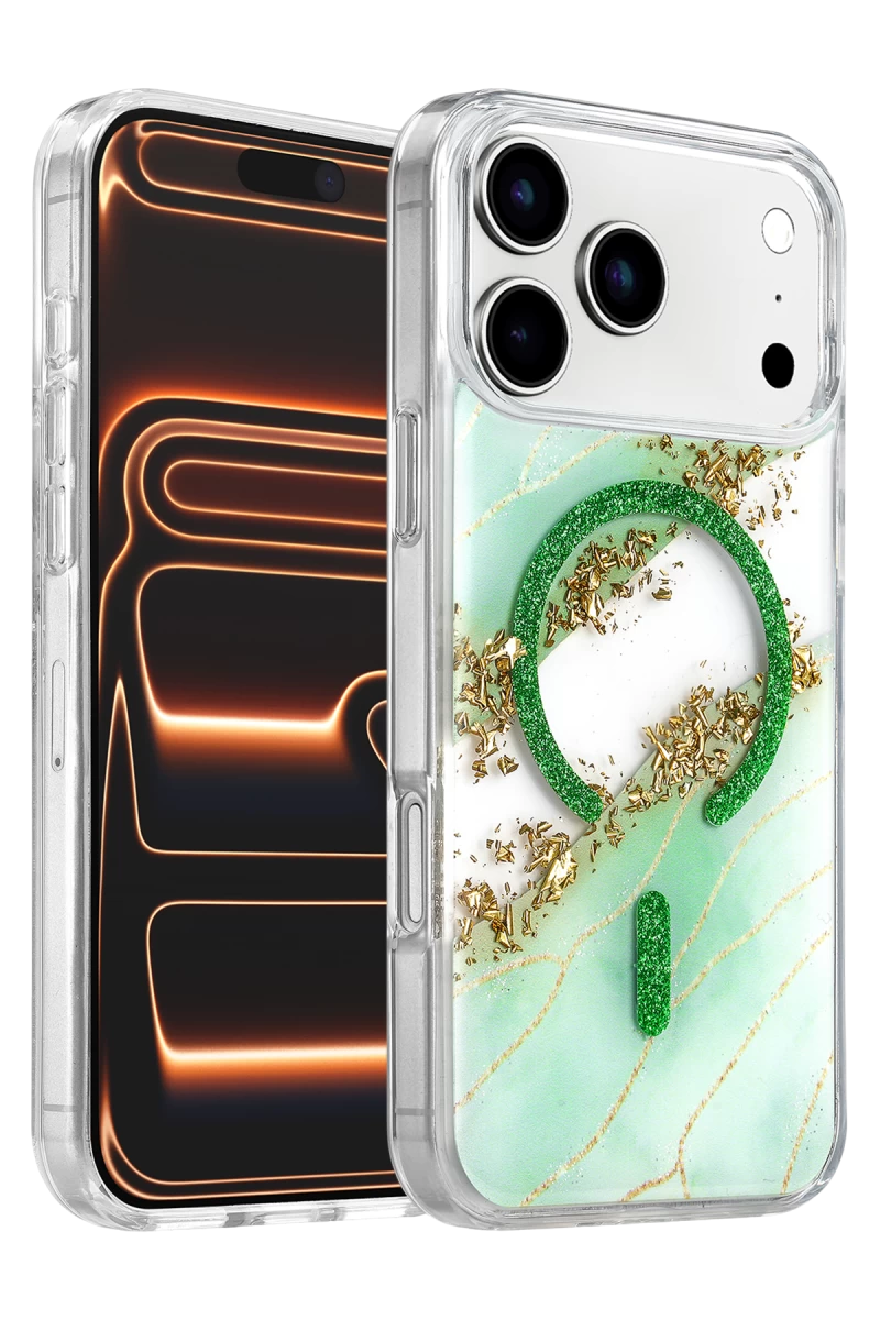 Onegif Apple iPhone 17 Pro Max Uyumlu Lotus Simli Magsafe Kapak - Yeşil