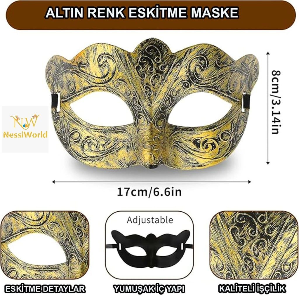 Venedik Tarzı Altın Renk Eskitme Maskeli Parti Maskesi