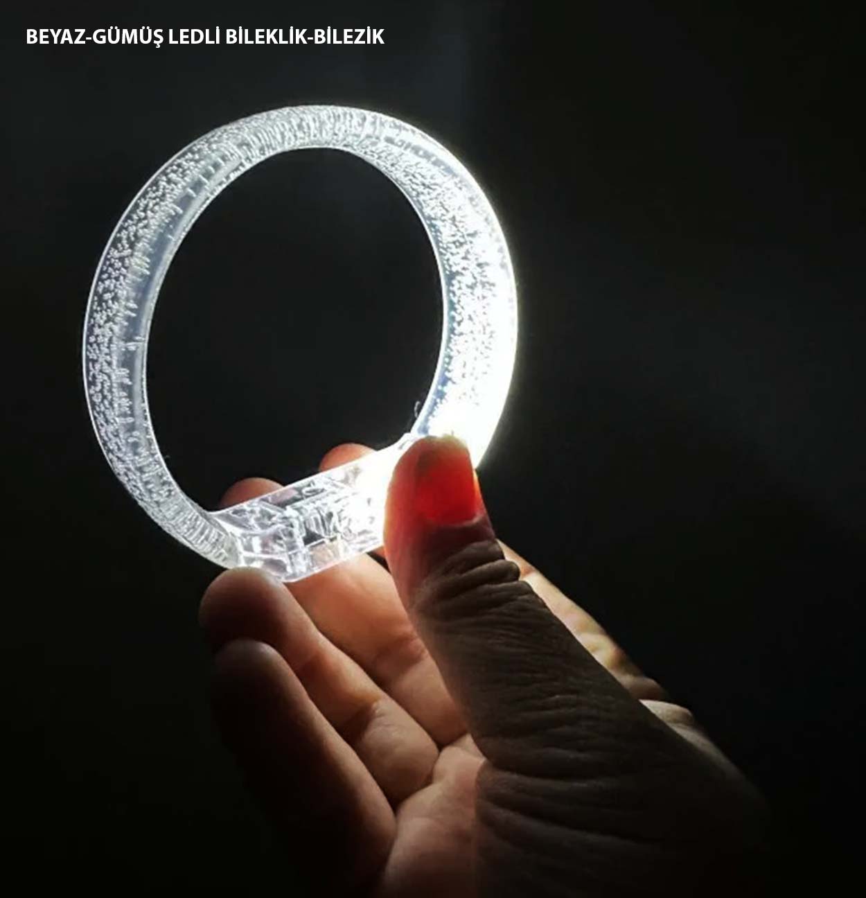 Beyaz-Gümüş Led Işıklı Baskı Yapılabilen Pilli Bileklik Bilezik 1,5 cm Genişlik