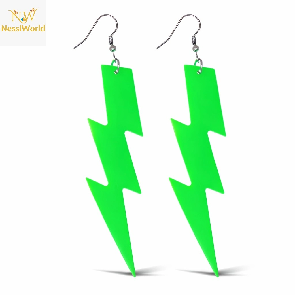 Retro Neon Yeşil Şimşek Küpe 10 cm Uzunluk
