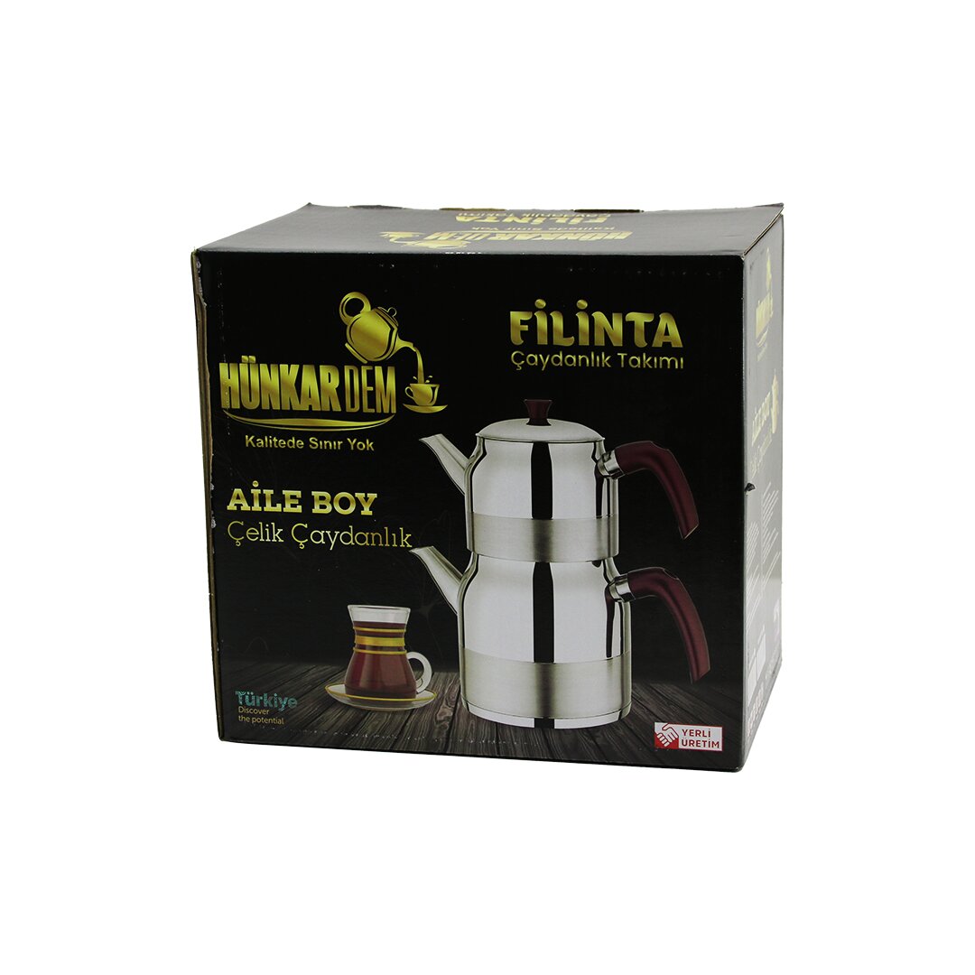 Filinta Aile Boy Çelik Çaydanlık Seti Çift Kapaklı Renkli Bakalit Kulp Üst Demlik: 1.5LT - Alt Suluk: 3LT Kendinden Süzgeçli