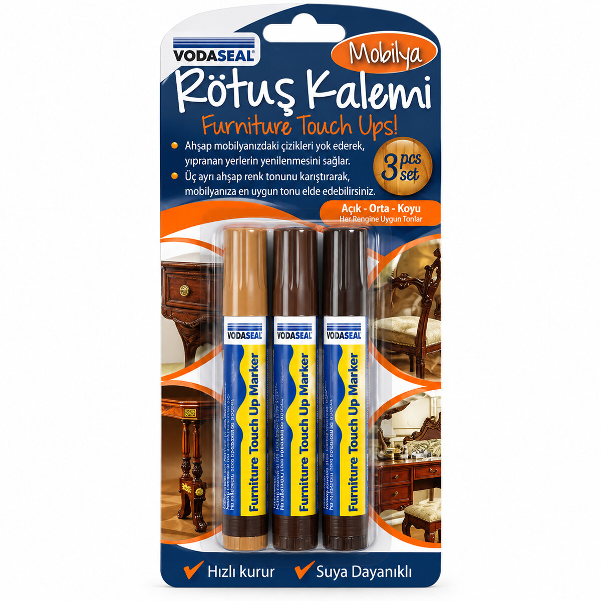 3PCS Mobilya Rötuş Kalem Set Açık - Orta - Koyu Kahverengi