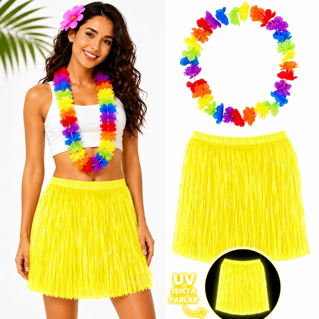 Eğlenceli Neon Sarı Hawaii Etek 40 cm ve Rengarenk Kolye Seti