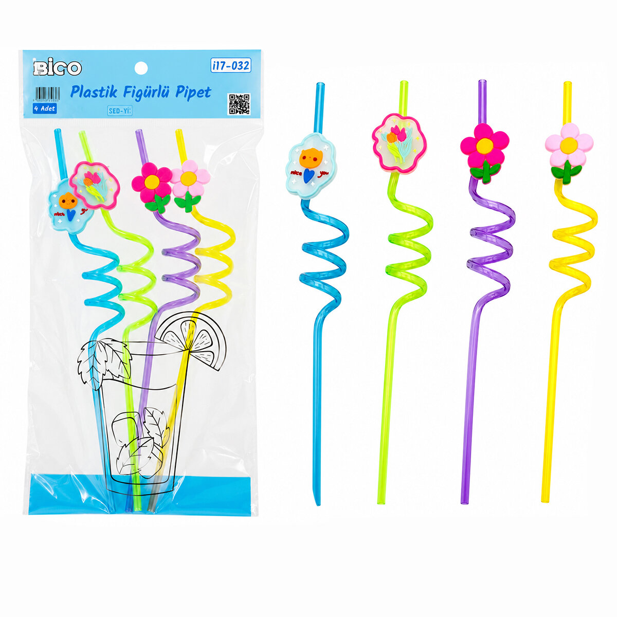 4PCS Kıvrımlı - Renkli Plastik Pipet Figürlü=mix
