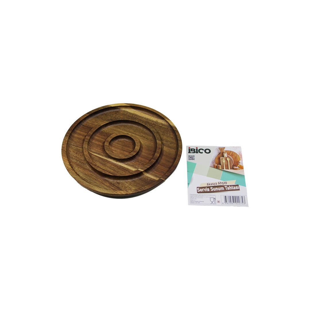Akasya Yuvarlak 2 BÖLMELİ=1+1 Ahşap Servis Sunum Tepsi - Tahtası 20 X 1.4CM