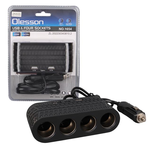 Olesson 1654 12-24V Çift USB - TYPE-C 120W 80cm Kablolu 4’LÜ Araç Çakmak Çoklayıcı
