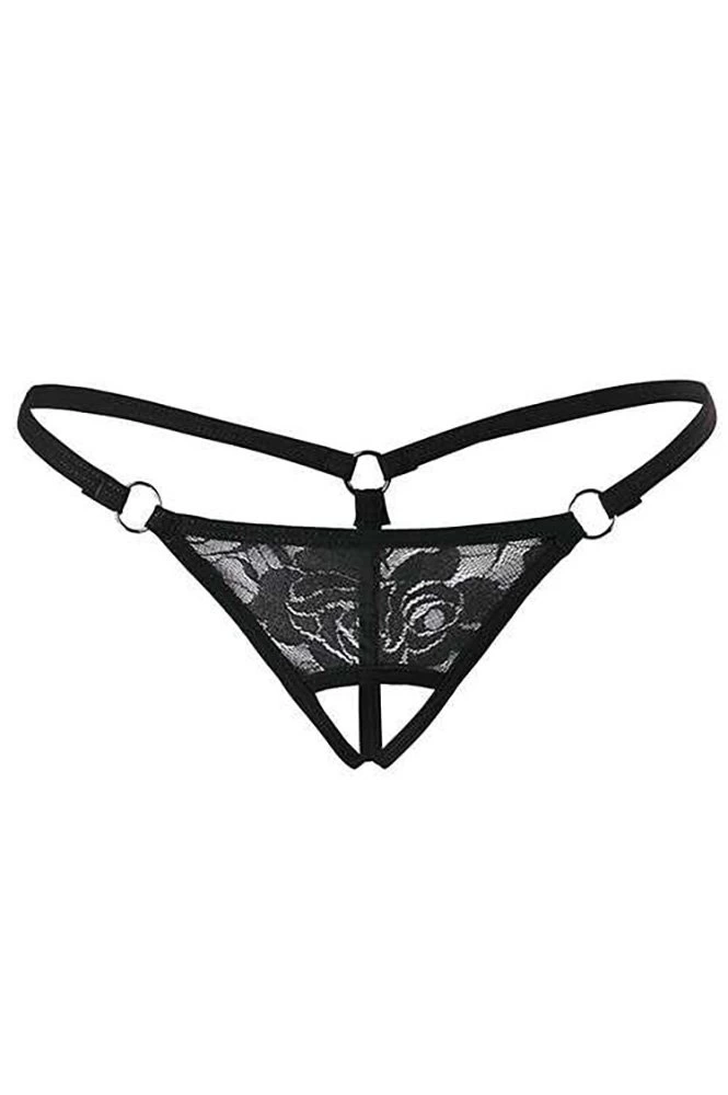 Siyah Dantelli Özel Bölgesi Açık G-String TM1167