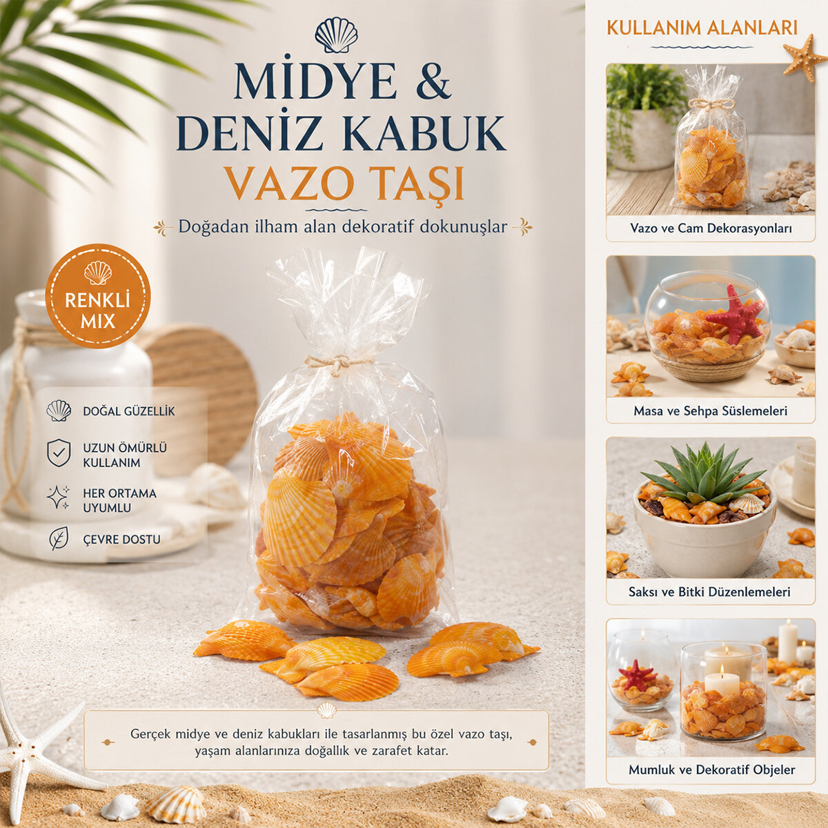 Poşetli Renkli Mix Midye - Deniz Kabuk Vazo Taşı