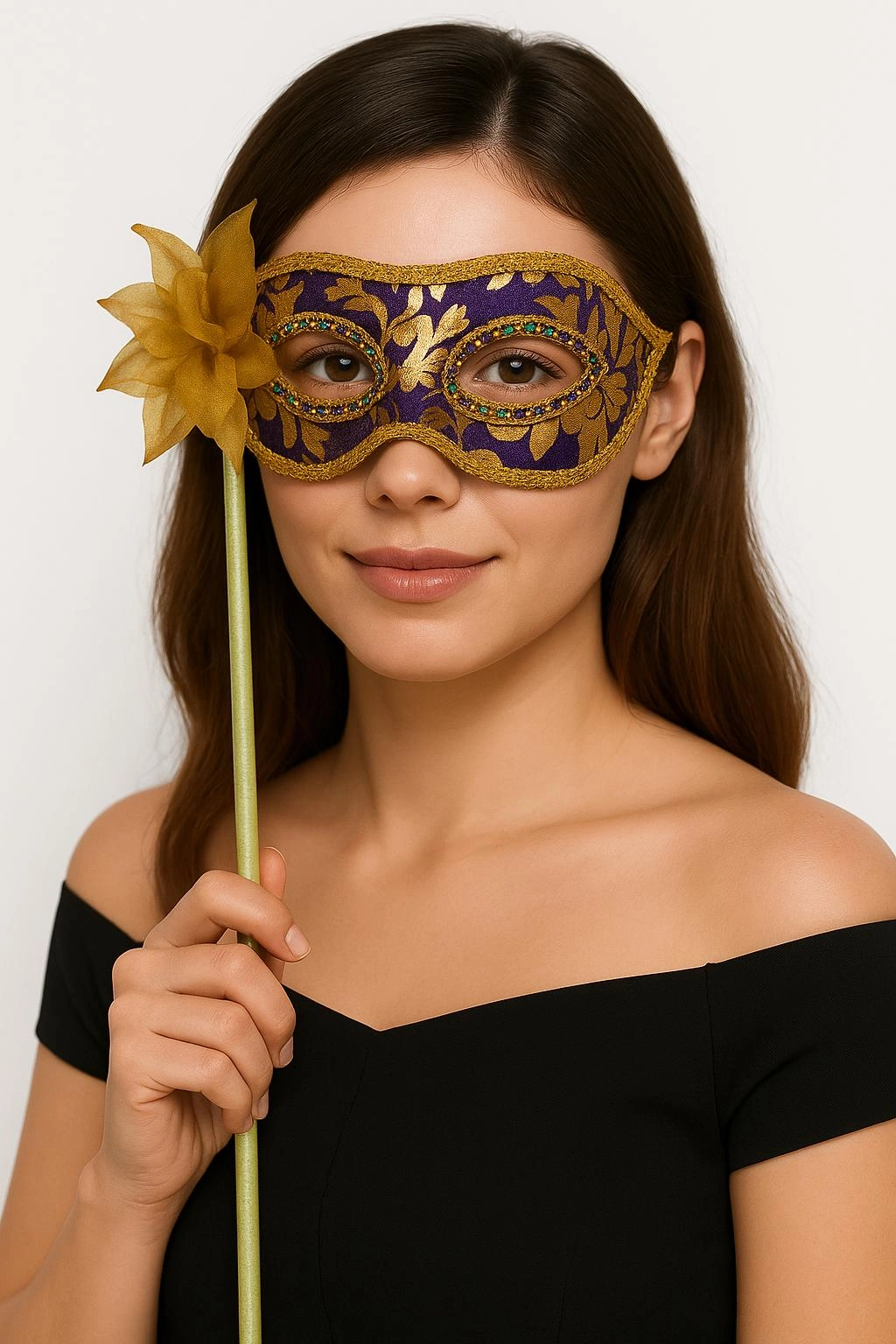 Şık Taşlı Maskeli Balo Maskesi Mor Renk 35 cm